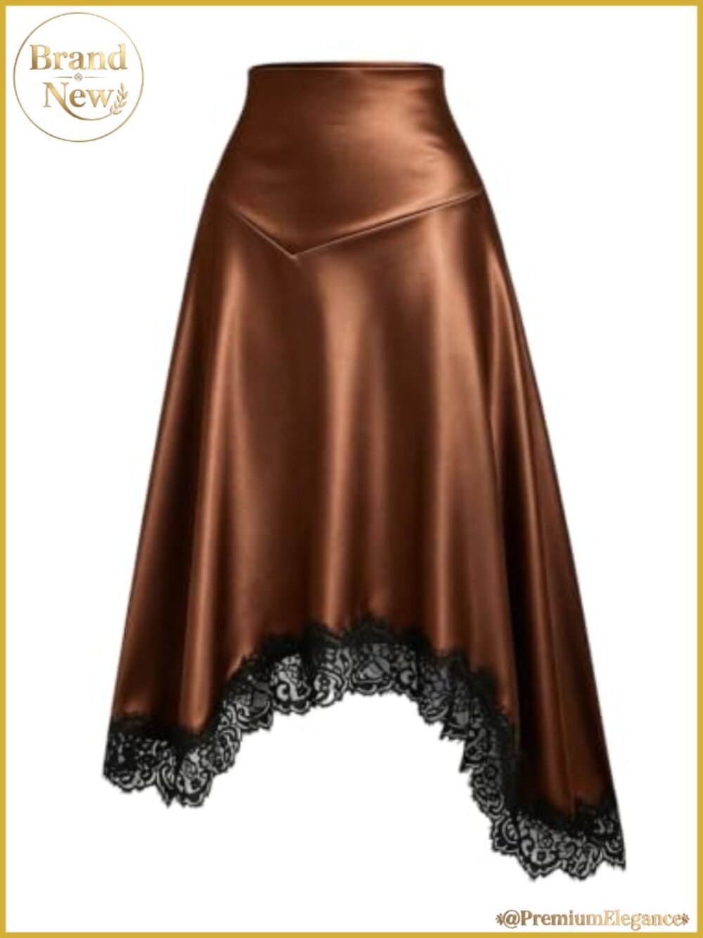 Women's Lace Trim Midi Skirt High Waisted Asymmetrical Flowy Satin